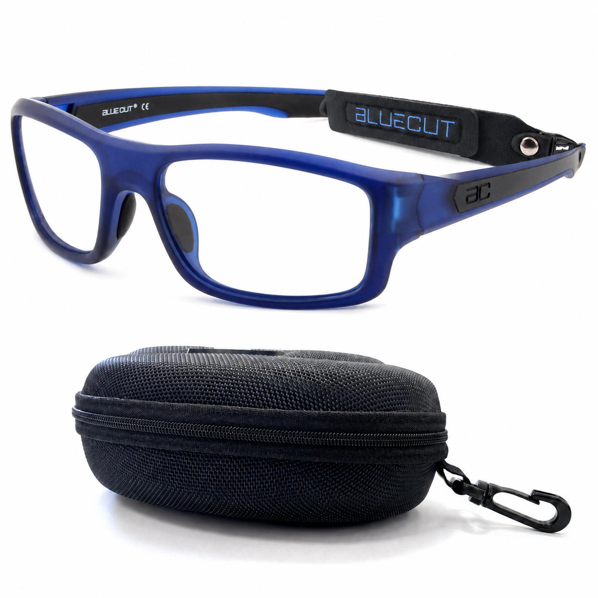 BRUNO navy-black lensless pickleball glasses with adjustable BLUECUT strap and black protective case