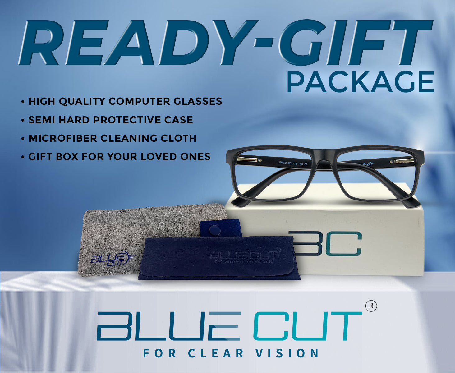 Blue Cut computer glasses with case, cleaning cloth, and box on a white surface with blue background