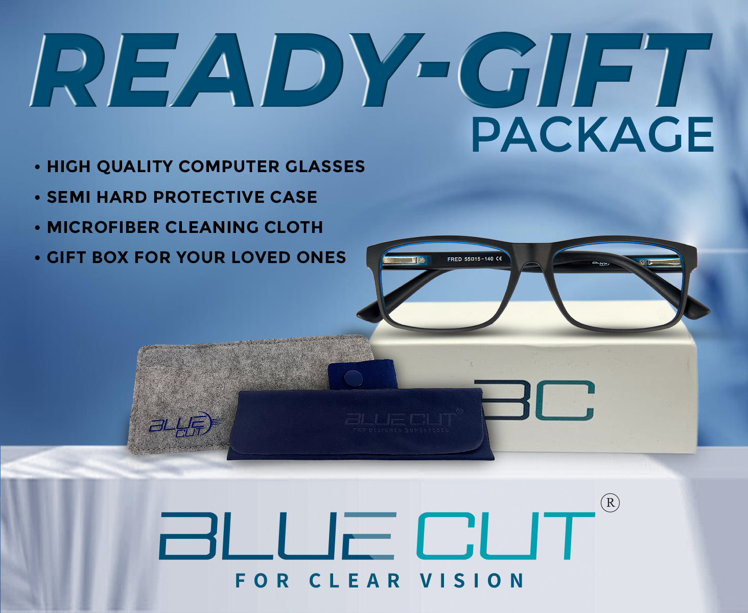 Blue Cut computer glasses with case and cleaning cloth on a white surface with blue background