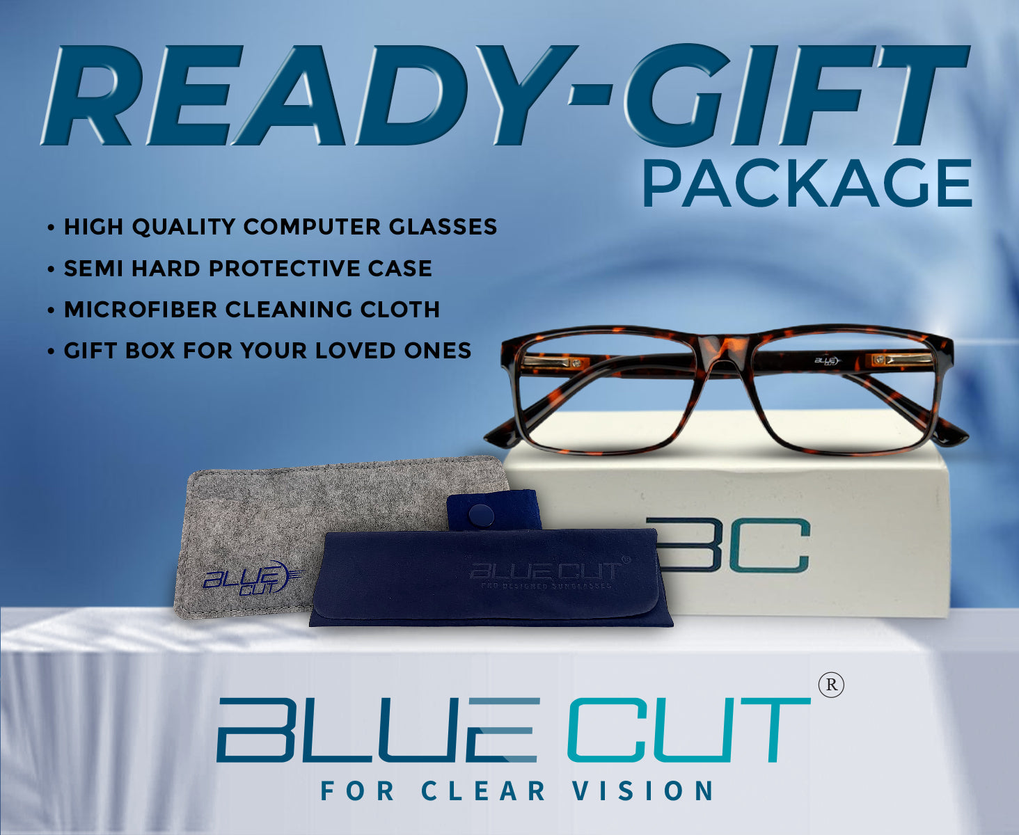Blue Cut computer glasses with case, cleaning cloth, and gift box on a white surface with blue background
