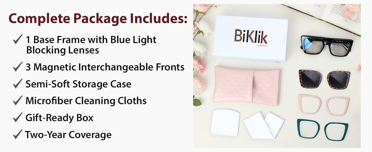 Product package with sunglasses and accessories, featuring a 'Biklik' sign.
