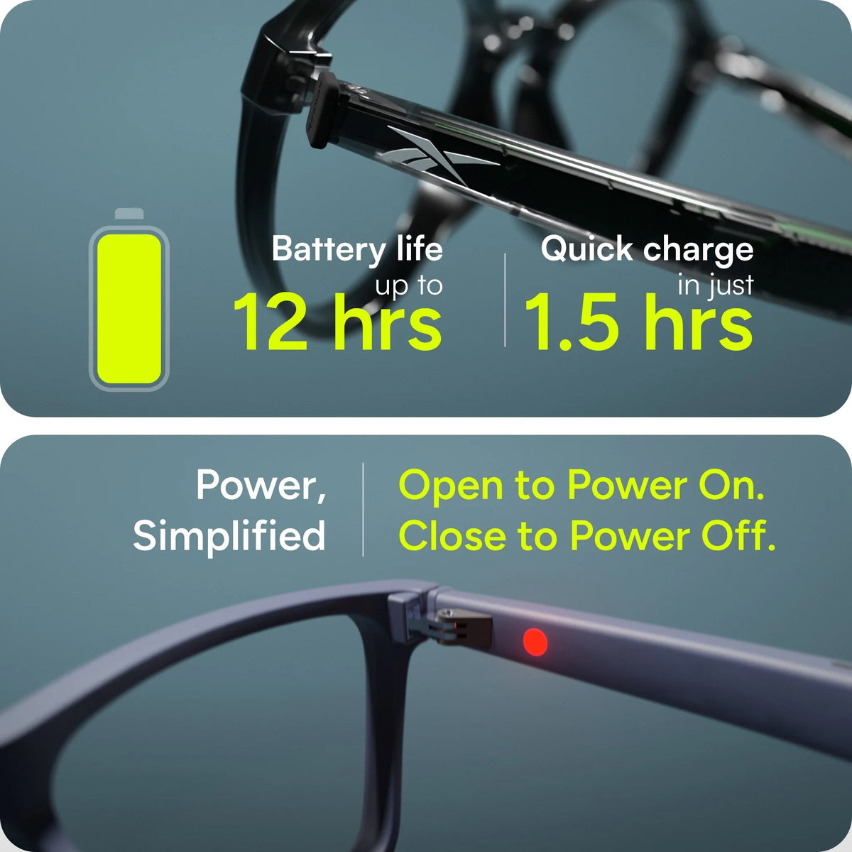 Reebok Dash Slim LCD011-21 — up to 12 hours of battery life and 1.5-hour charging; automatic hinge power