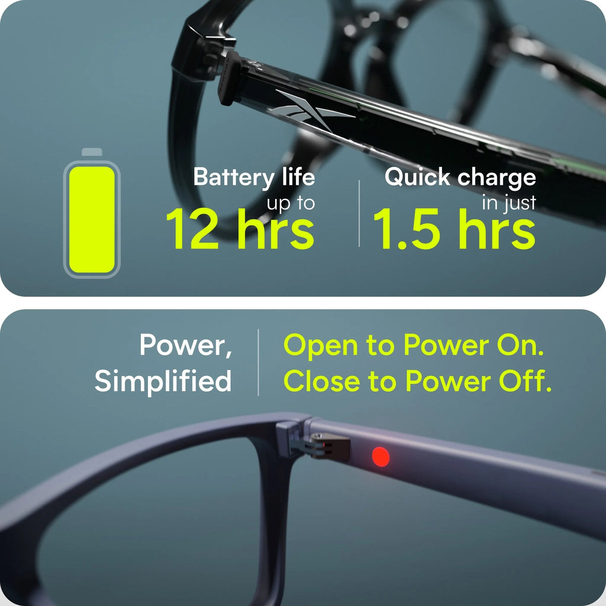 Reebok Shine LCD011-30 — up to 12 hours of battery life and 1.5-hour charging; automatic hinge power