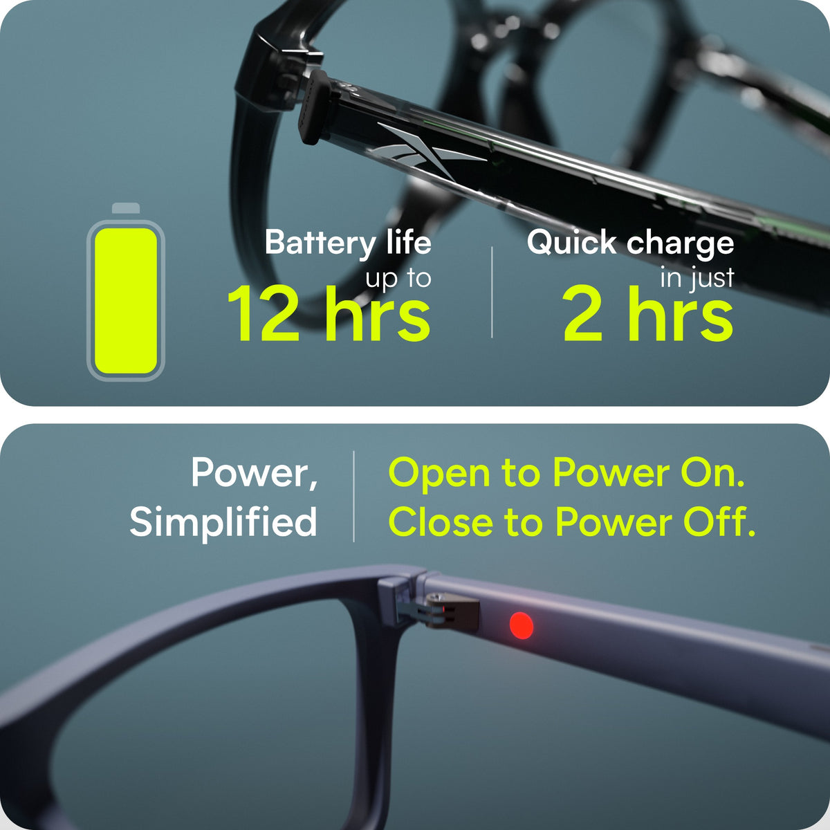 Thunder battery life up to 12 hours, charging and hinge power controls
